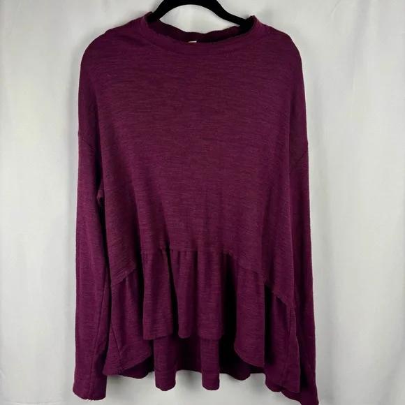 Pilcro Burgundy Plum Ruffled Bottom Sweater Long Sleeve Knit Blouse, XLarge - Picture 2 of 11